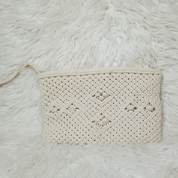 Vintage Crochet Macrame Clutch Wristlet Purse Beige - Picture 1 of 6